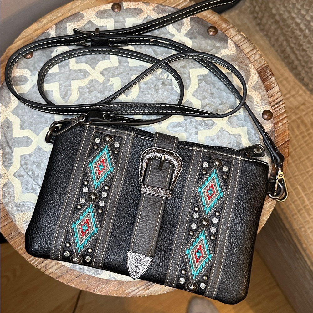 Montana West Black Small Crossbody Bag with Geometric Trim Buckle Snap closure